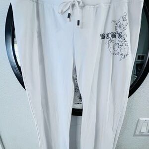 BCBG White Wide Leg Pants with Rhinestone Logo
